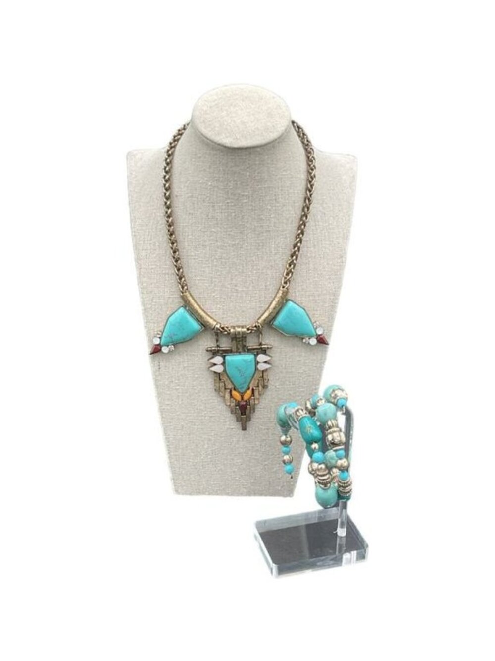 Azteca Native Necklace Gold Silver Tone Turquoise Cabochon Wire Wrap Bracelet